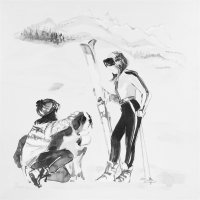 Bild Skifahrerinnen treffen auf Bernhardinerhund