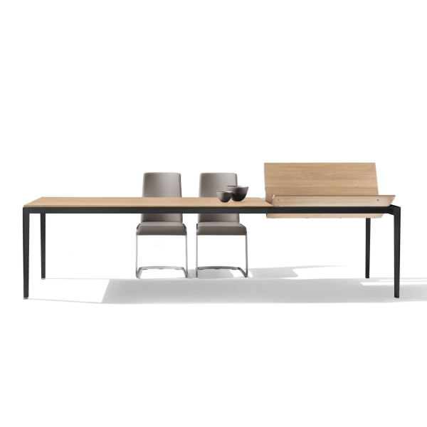 Esstisch, Team7, Tak Wildeiche, 100cm x 200cm + 100cm Auszug, Stahl - schwarz