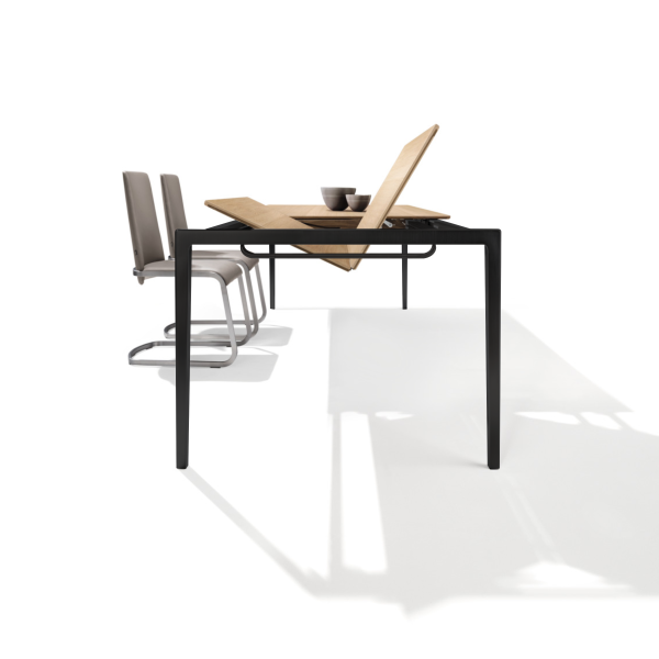 Esstisch, Team7, Tak Wildeiche, 100cm x 200cm + 100cm Auszug, Stahl - schwarz