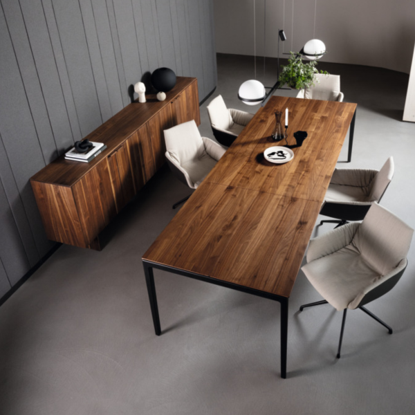 Esstisch, Team7, Tak Nussbaum, 100cm x 200cm + 100cm Auszug, Stahl - schwarz